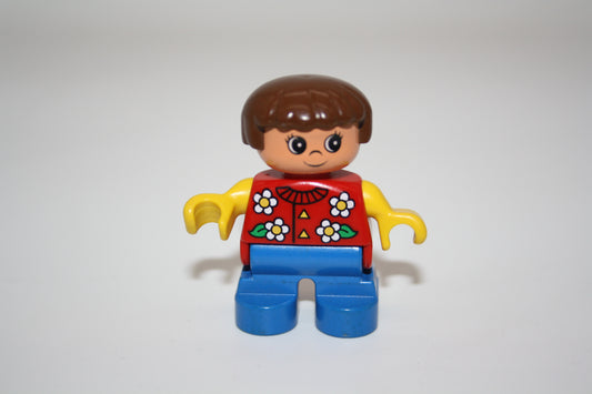 Duplo - Mädchen - braune Haare - blaue Hose - rotes Oberteil mit Blumen - Figur